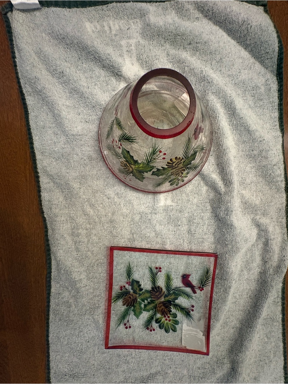 Yankee Candle Red-Trim Glass Hurricane and Tray with Pine & Cardinal Motif
